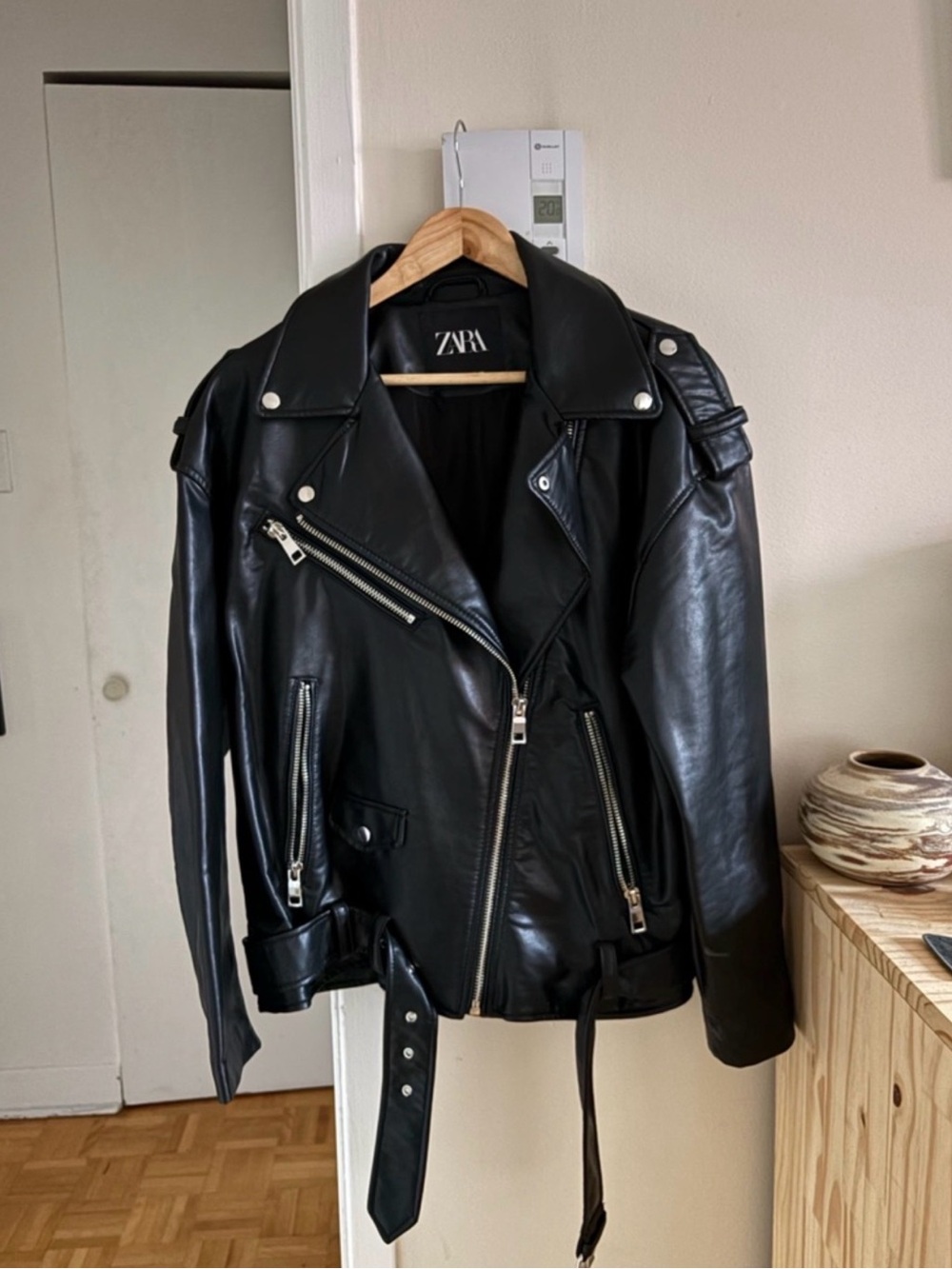 ZARA Black Leather Biker Jacket with Belt